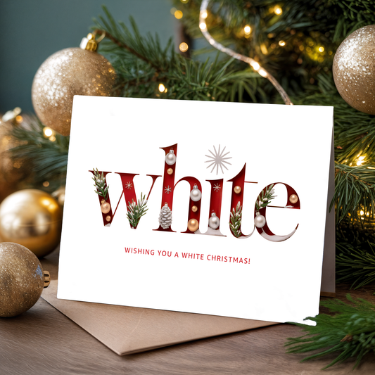 Christmas greeting card with the word "White" and festive elements