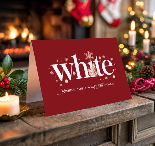 Christmas greeting card with the word "White" and festive elements