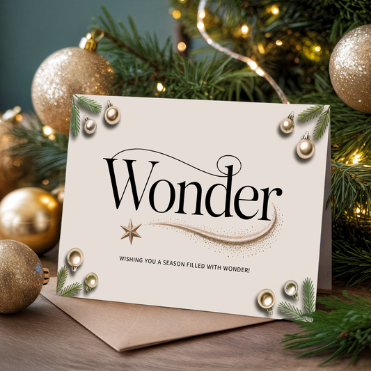 Christmas greeting card with the word "Wonder" and festive elements