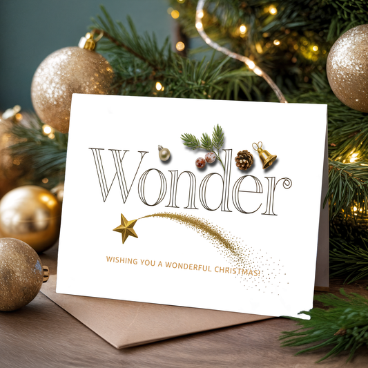 Christmas card with "Wonder" and festive decorations on a tree background