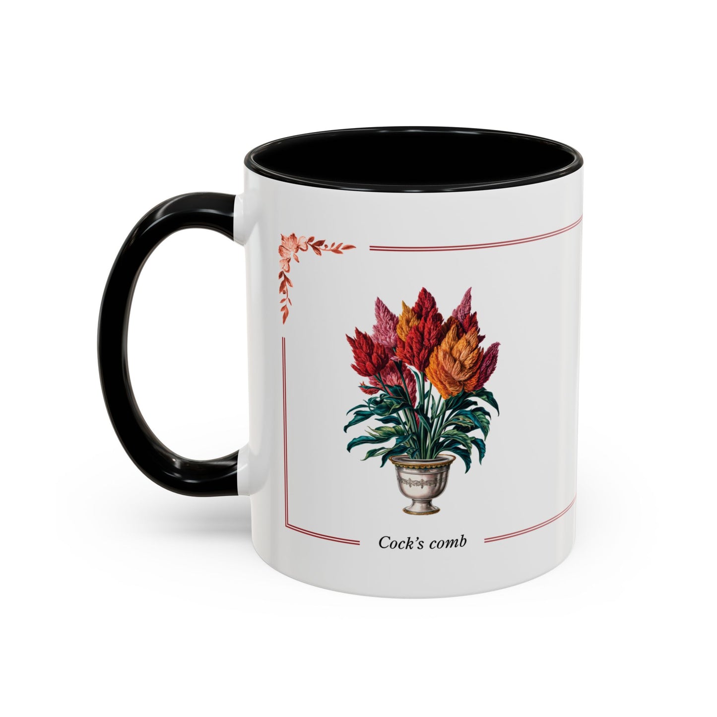 Mug with floral design and "Cock's comb"  text on a white background