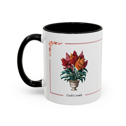 Mug with floral design and "Cock's comb"  text on a white background