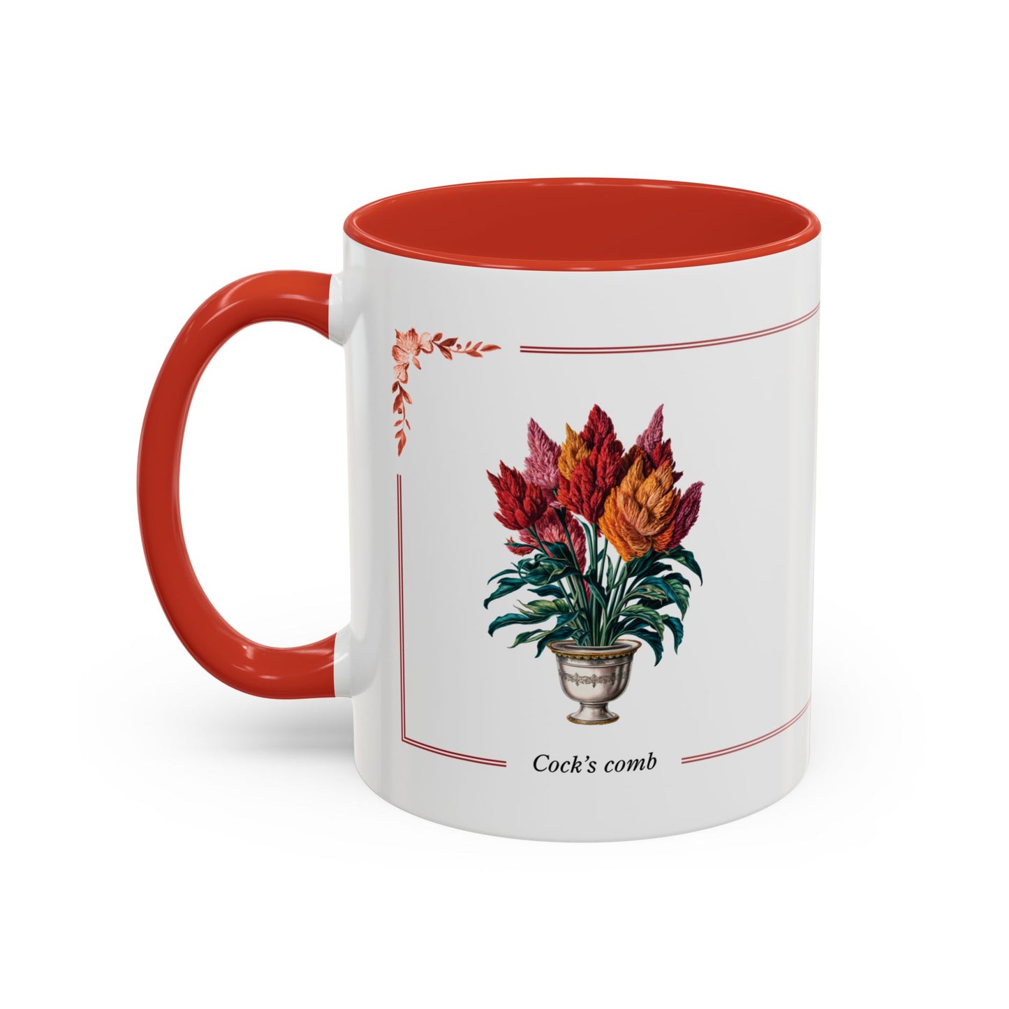 Mug with red interior and handle, featuring a floral design and text on a white background