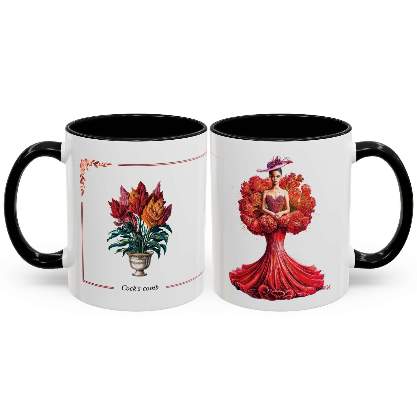 Two mugs with floral designs on a white background