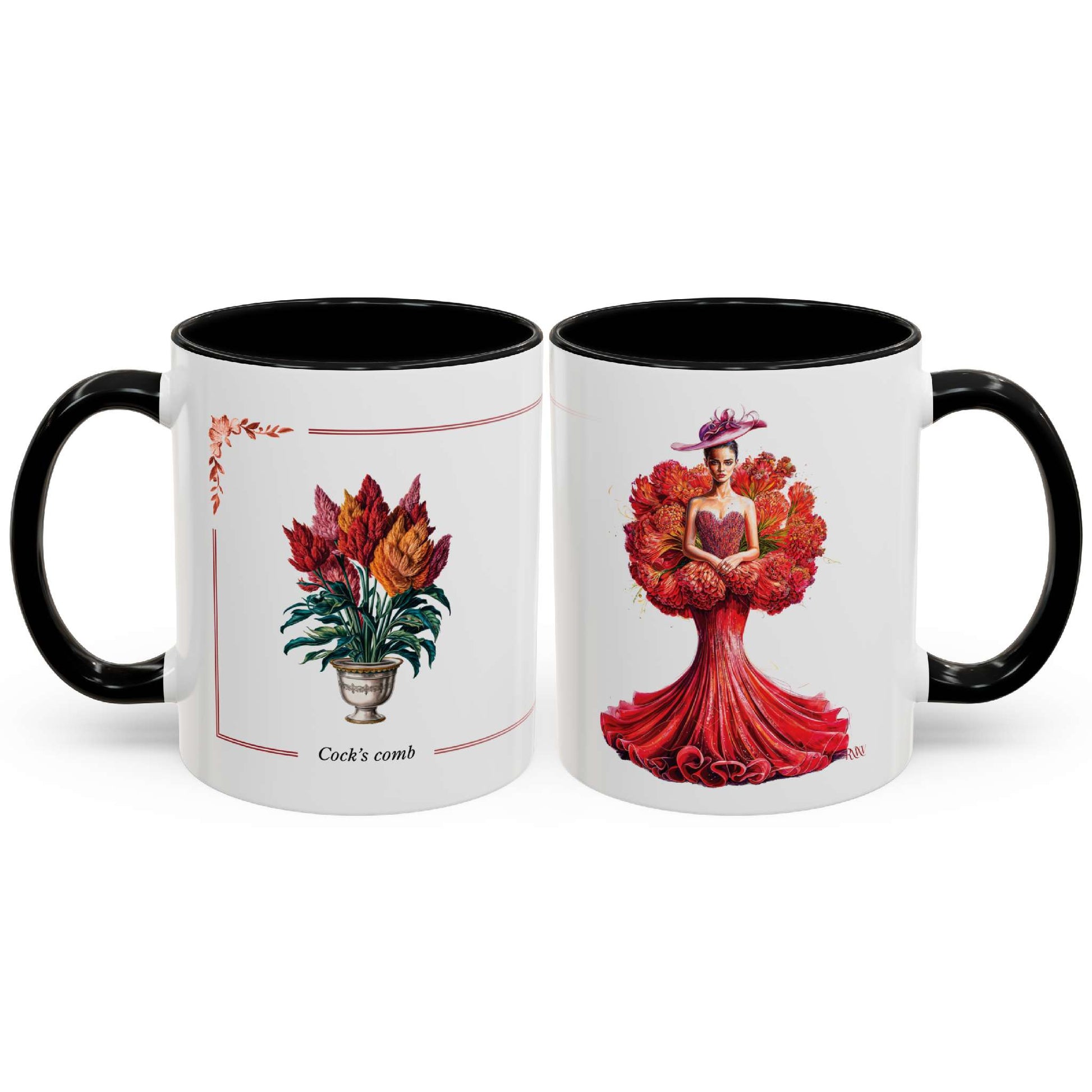 Two mugs with floral designs on a white background