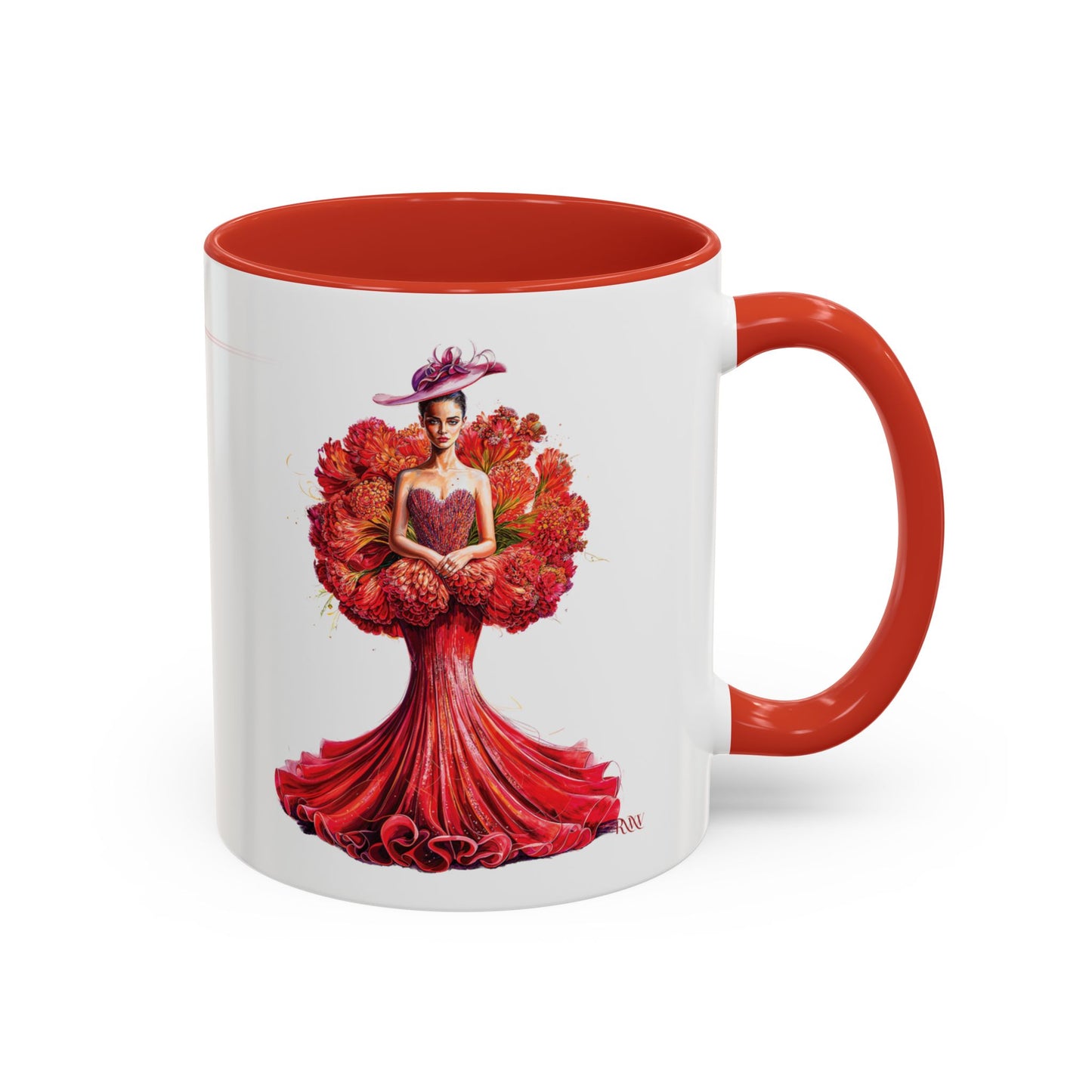 Mug with a design of a woman in a red dress made of flowers on a white background