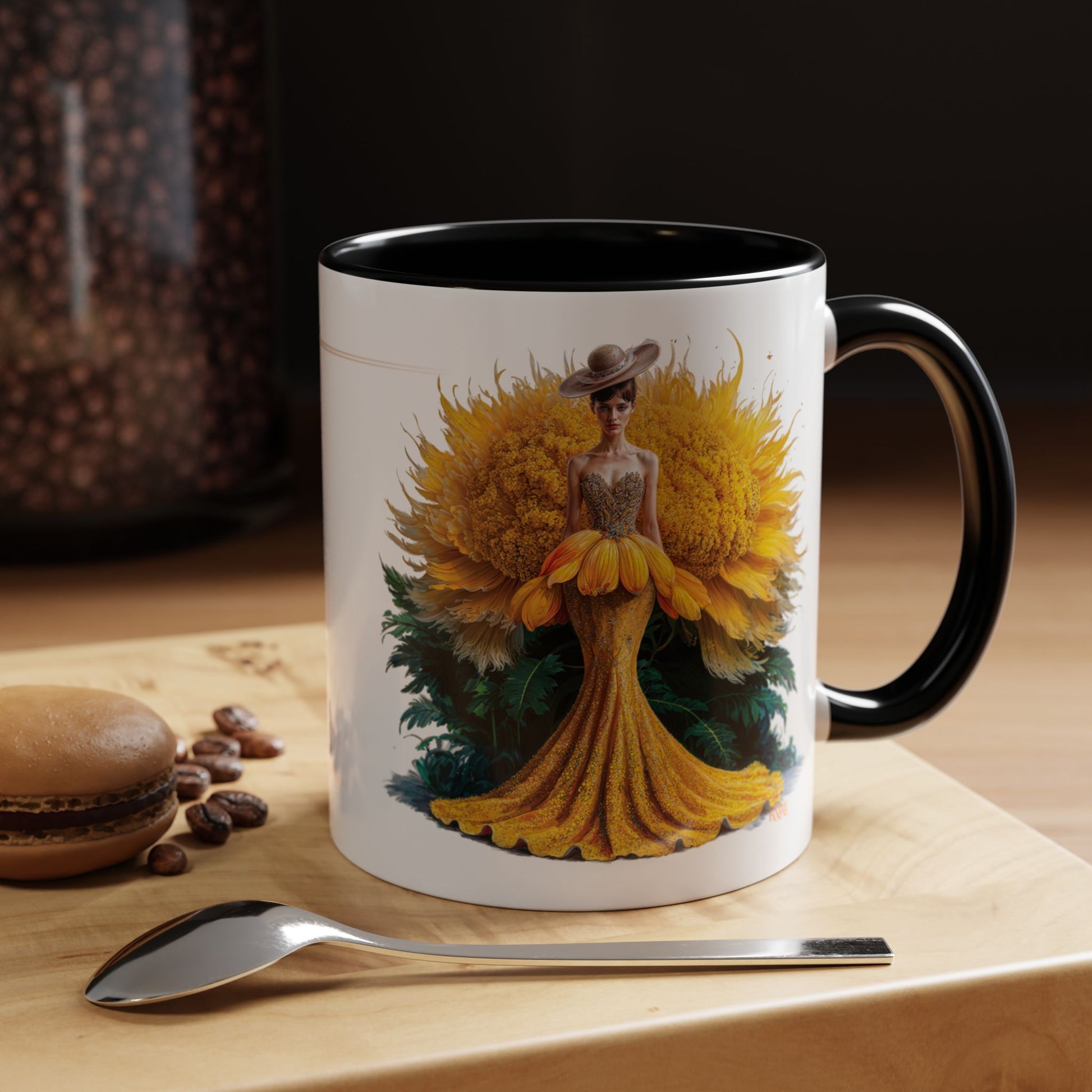 Mug with a floral design of a woman on a wooden surface with coffee beans and a spoon.