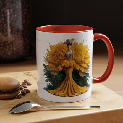 Mug with a floral design of a woman on a wooden surface with coffee beans and a spoon.