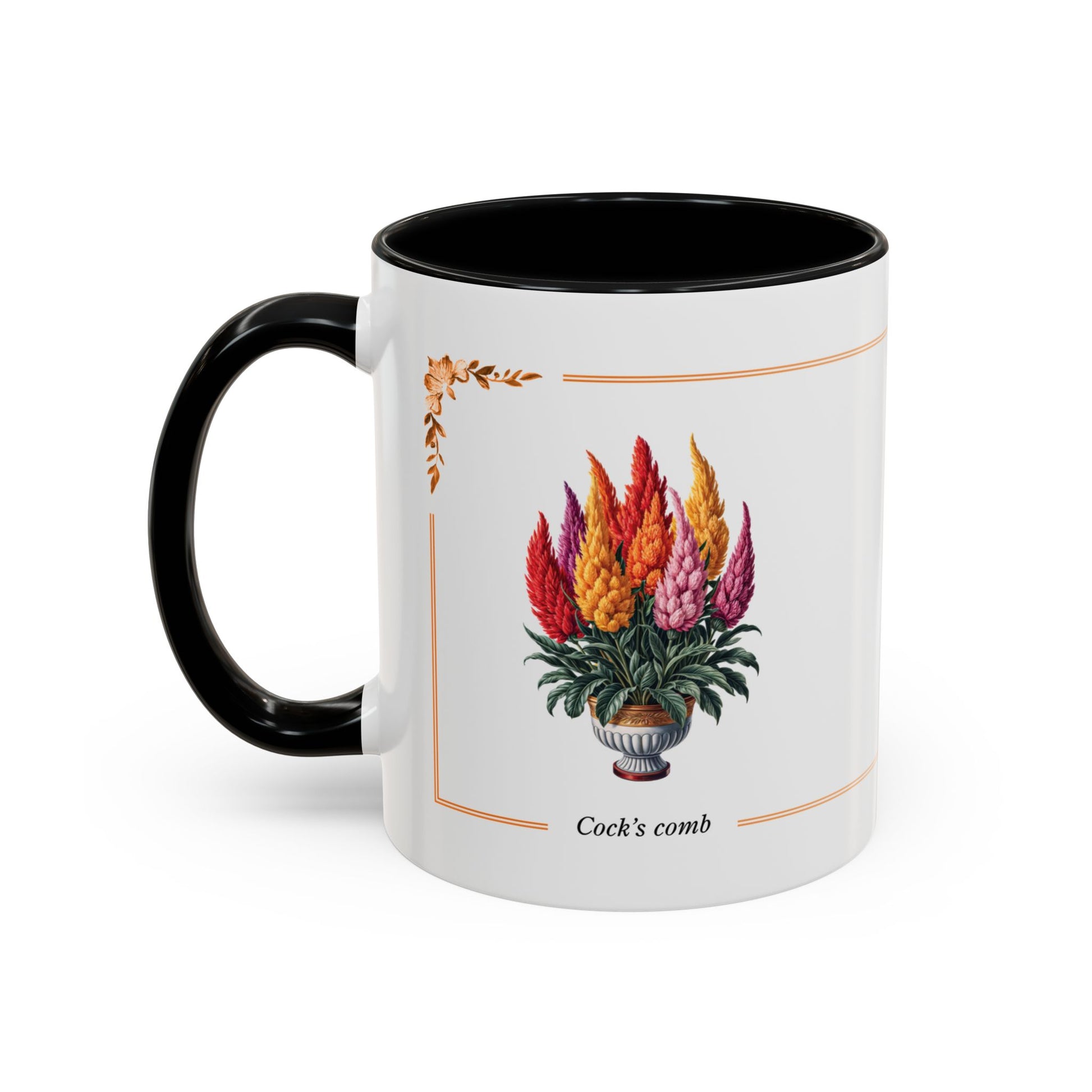 Mug with floral design and text on a white background