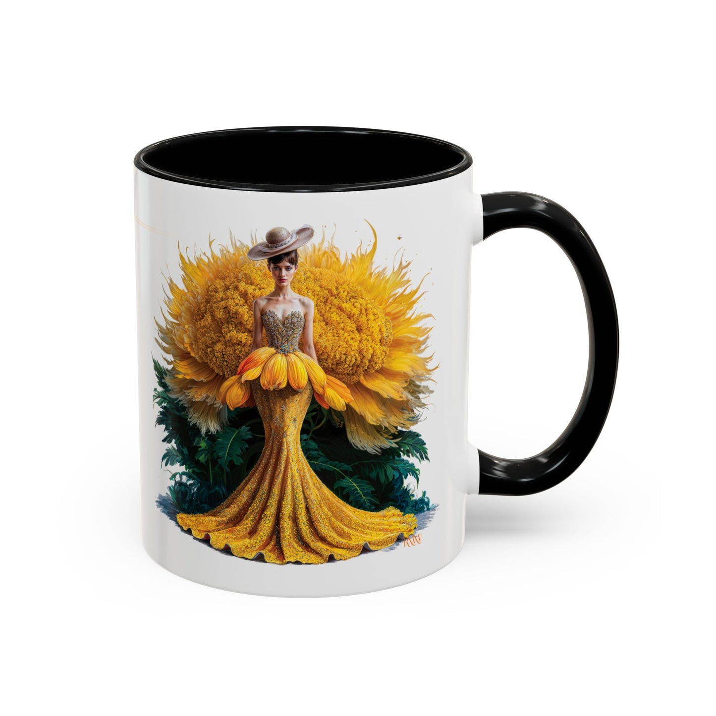 Mug with a design of a woman in a yellow dress on a white background
