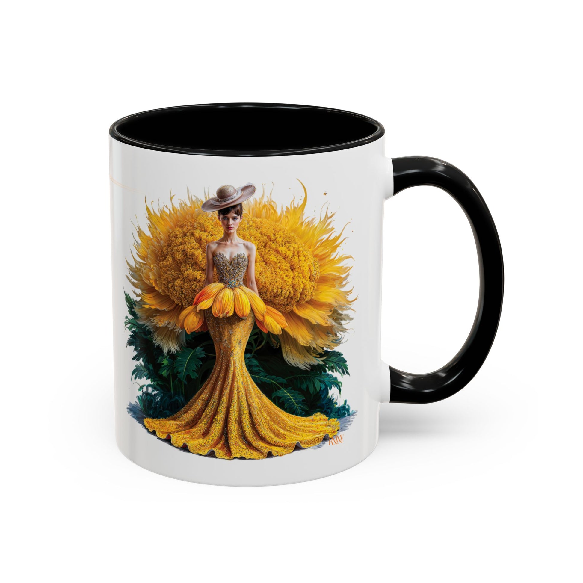 Mug with a design of a woman in a yellow dress on a white background
