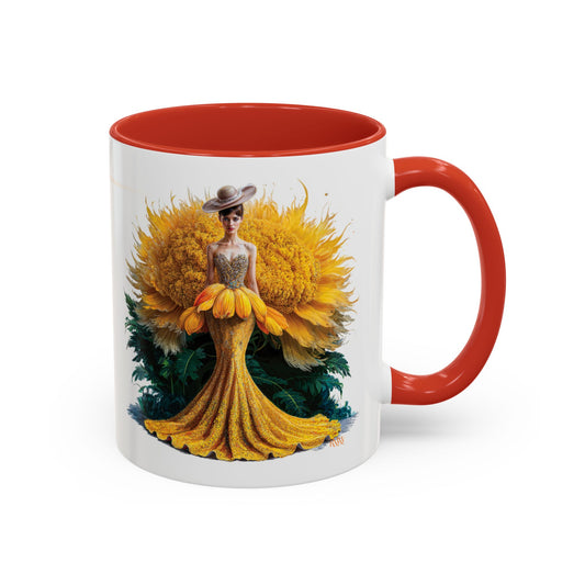 Mug with a design of a woman in a yellow dress on a white background