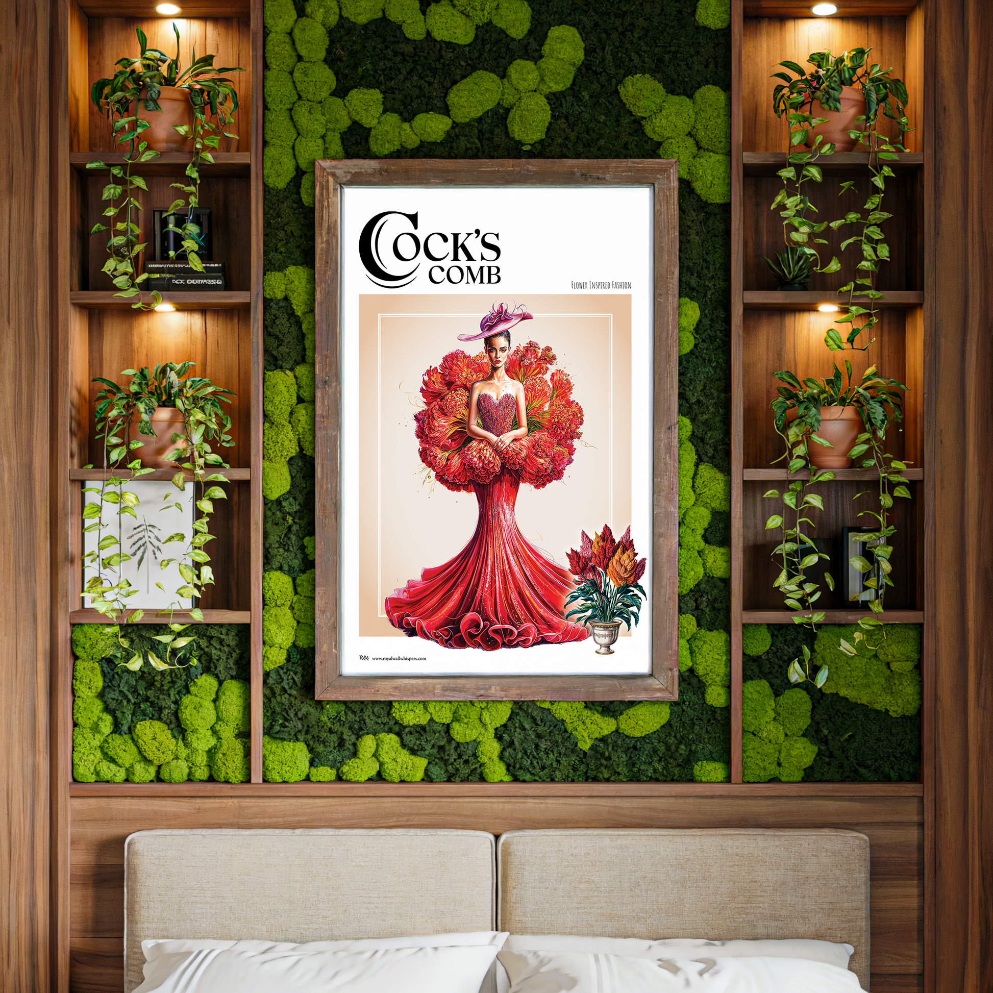 Framed poster with a woman on a wall in a bedroom