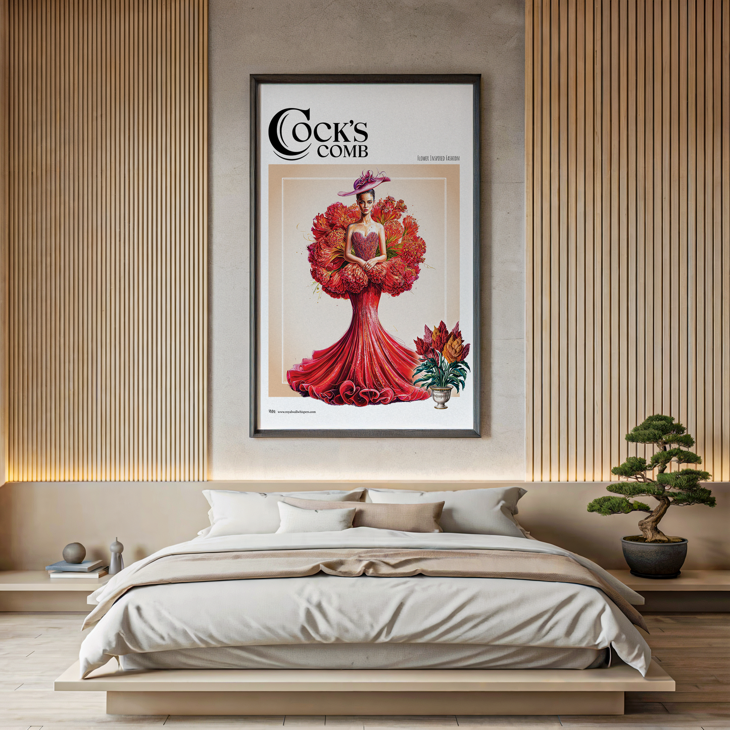 Framed artwork of a woman in a red dress with flowers on a wall above a bed.