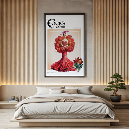 Framed artwork of a woman in a red dress with flowers on a wall above a bed.