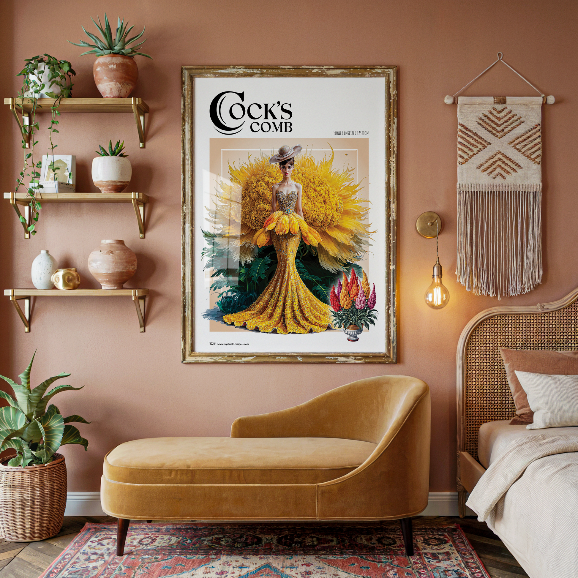 Decorative living room with a framed poster on the wall, a yellow sofa, and a bed.