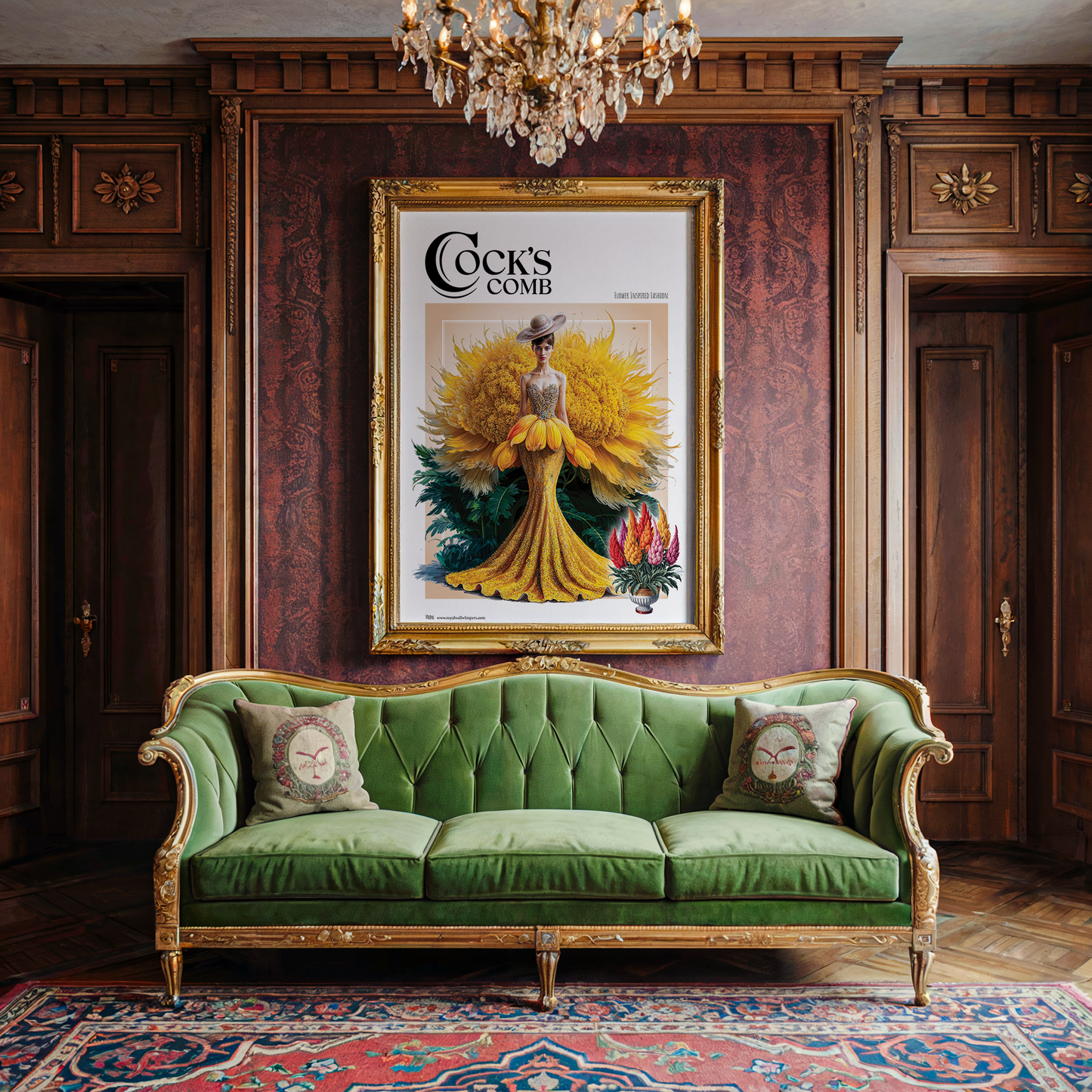 Green velvet sofa in a room with ornate wood paneling and a framed poster on the wall.