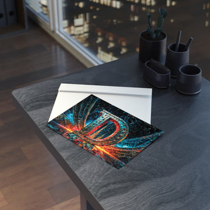 Colorful cyberpunk design on a postcard with a cityscape in the background