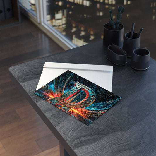 Colorful cyberpunk design on a postcard with a cityscape in the background