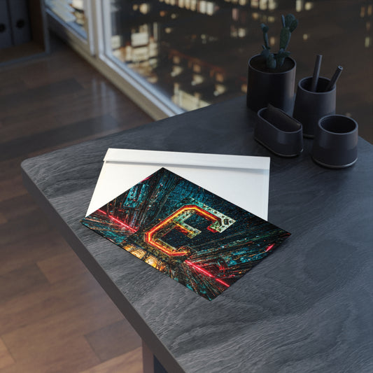 Postcard with cyberpunk letter E design with a cityscape in the background