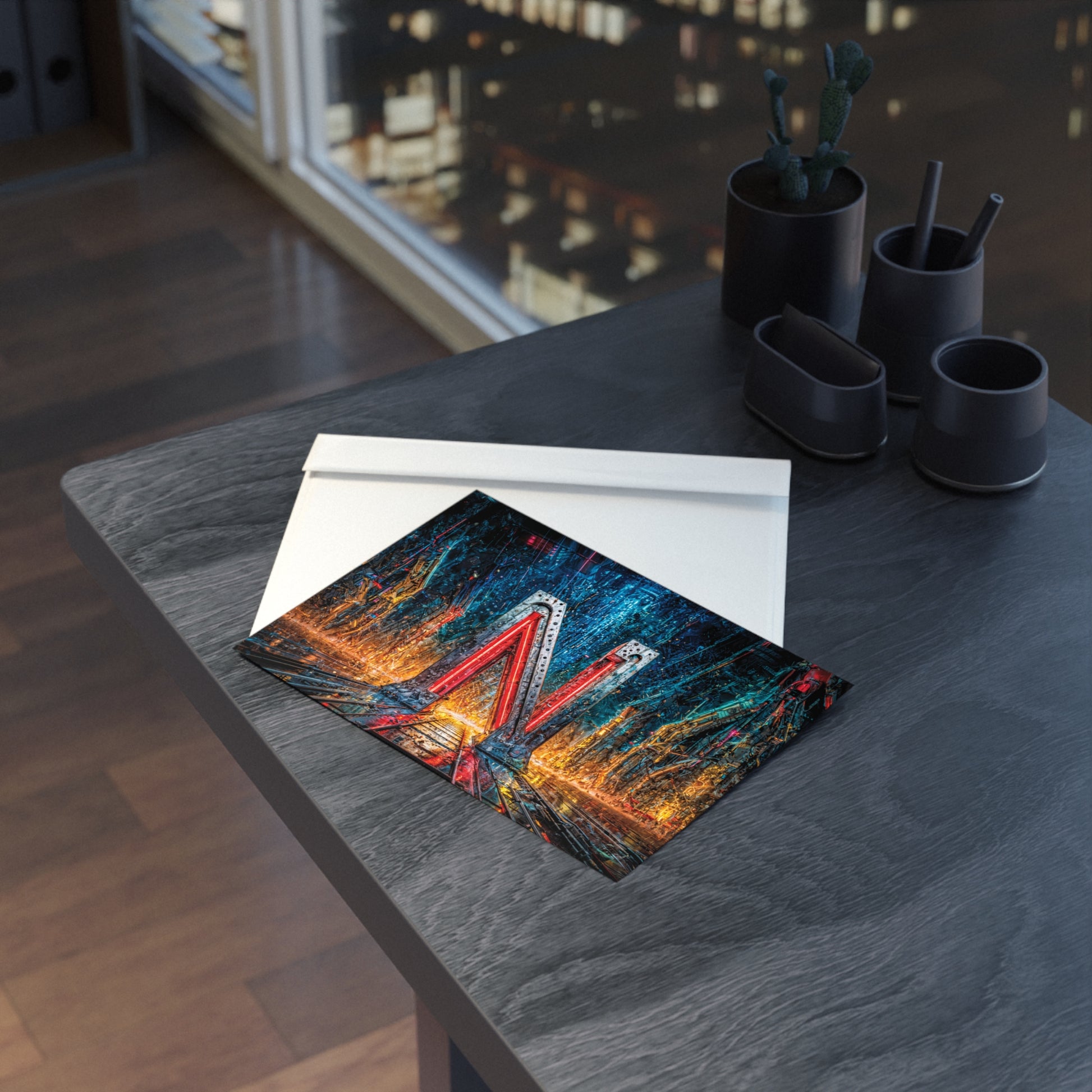 Postcard with cyberpunk design on a table with a cityscape in the background