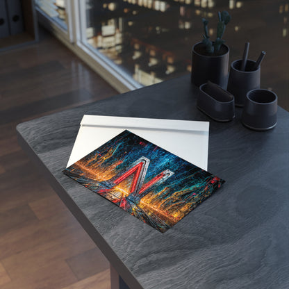 Postcard with cyberpunk design on a table with a cityscape in the background