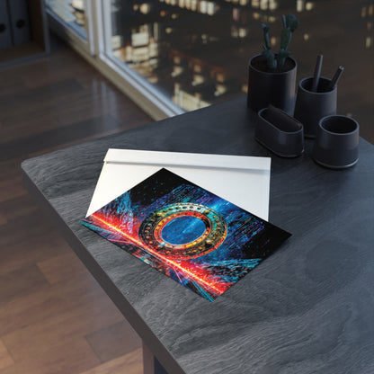 Colorful abstract cyberpunk design on a card with an envelope on a dark surface.