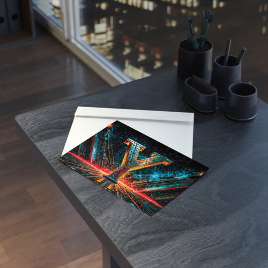 Postcard with cyberpunk design on a dark table