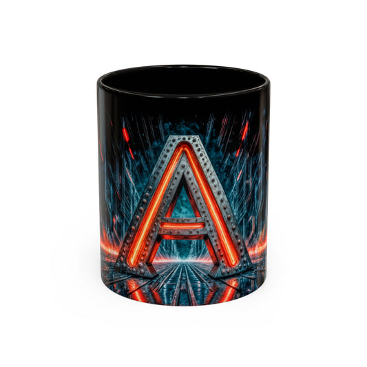 Black mug with a neon 'A' design on a white background