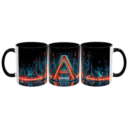 Three black mugs with a central logo design on a white background