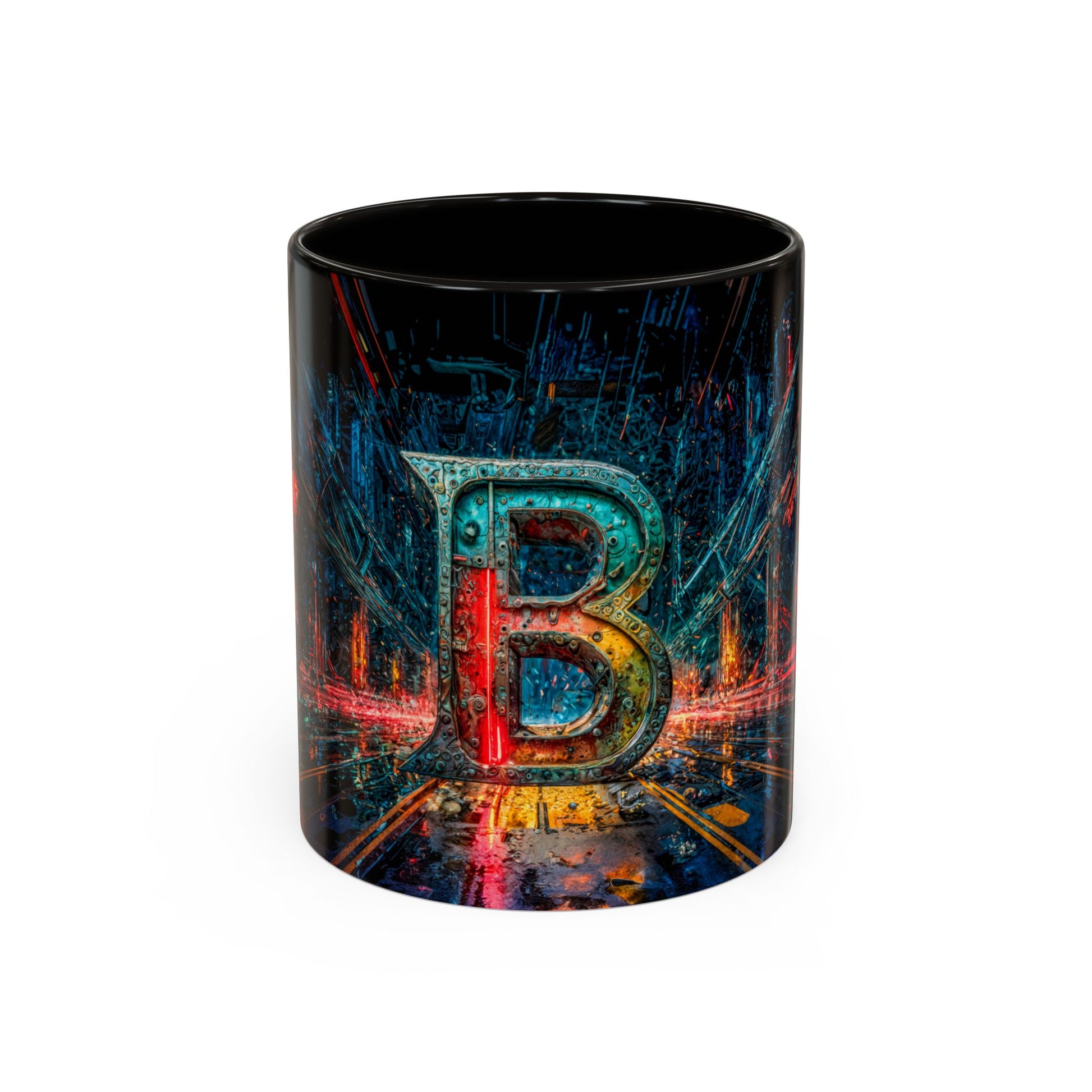 Mug with colorful 'B' design on a white background