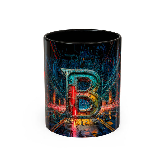 Mug with colorful 'B' design on a white background