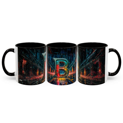 Three black mugs with a colorful design featuring the letter 'B' on a white background