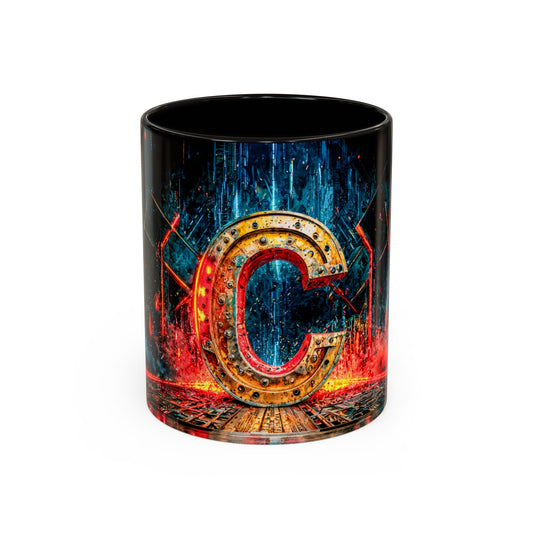 Decorative mug with a large letter 'C' design on a white background