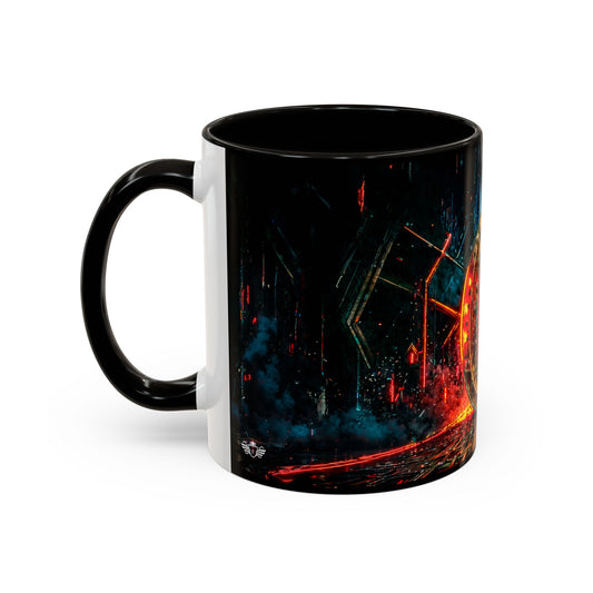 Black mug with a colorful design on a white background