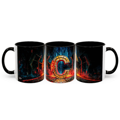 Three black mugs with colorful designs on a white background