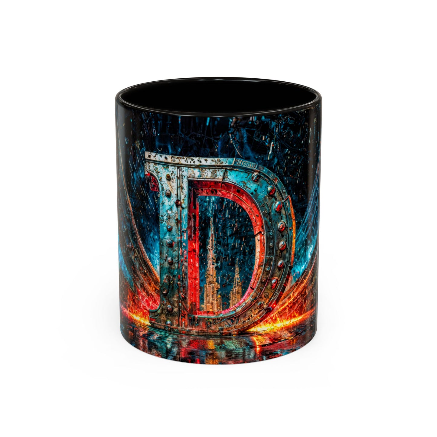 Cyberpunk style mug with a large letter 'D' design on a white background