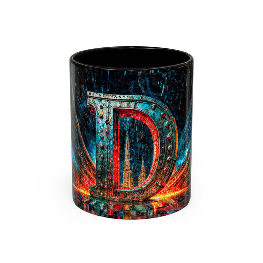 Cyberpunk style mug with a large letter 'D' design on a white background