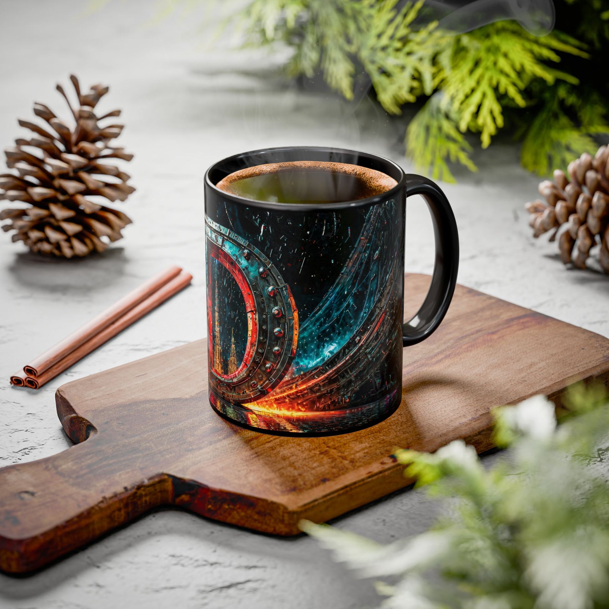 Decorative mug with a colorful design on a wooden cutting board with pine cones and cinnamon sticks.