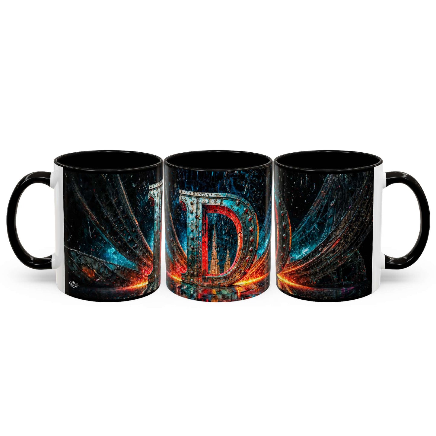 Three black mugs with a colorful 'D' design on a white background