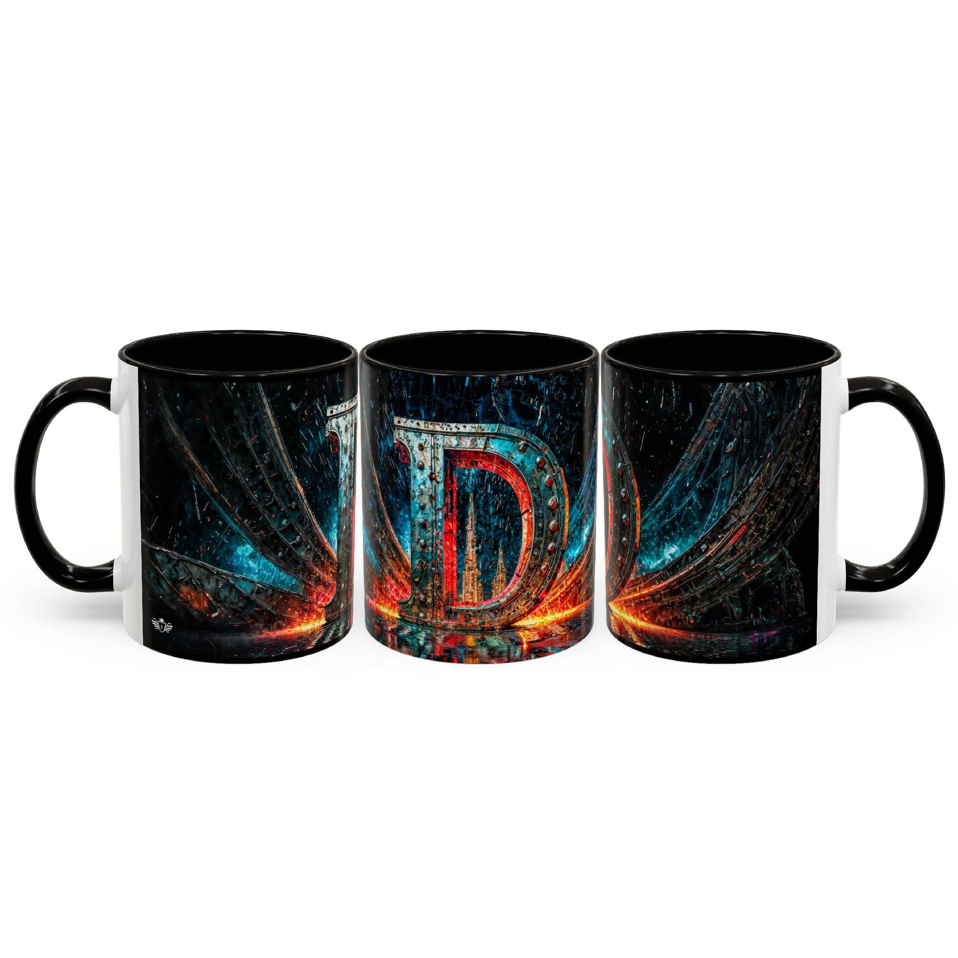 Three black mugs with a colorful 'D' design on a white background