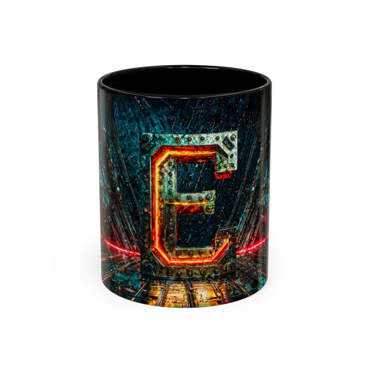 Mug with a cyberpunk letter 'E' design on a white background