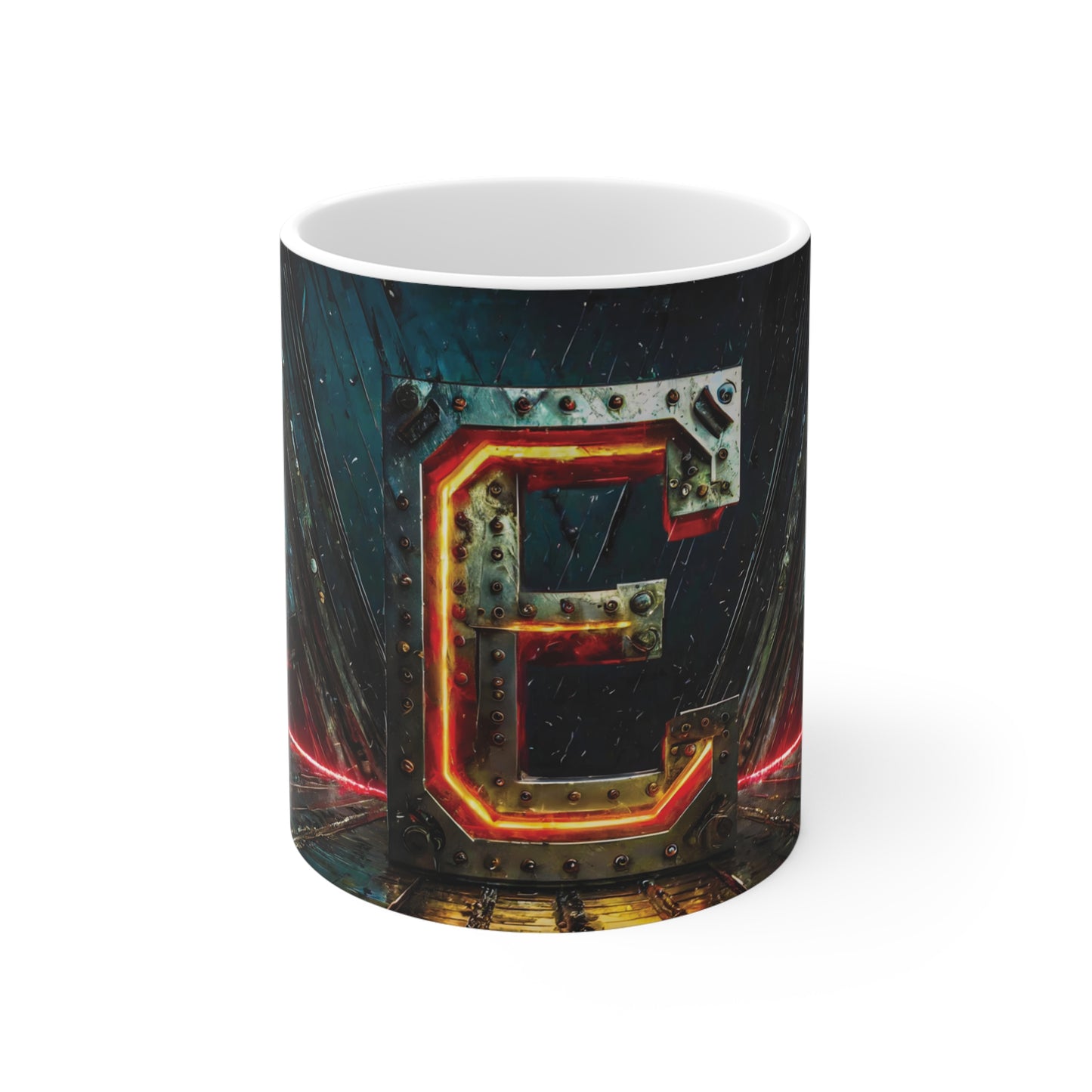 Cyberpunk Style Ceramic Mug with Printed Letter E-1