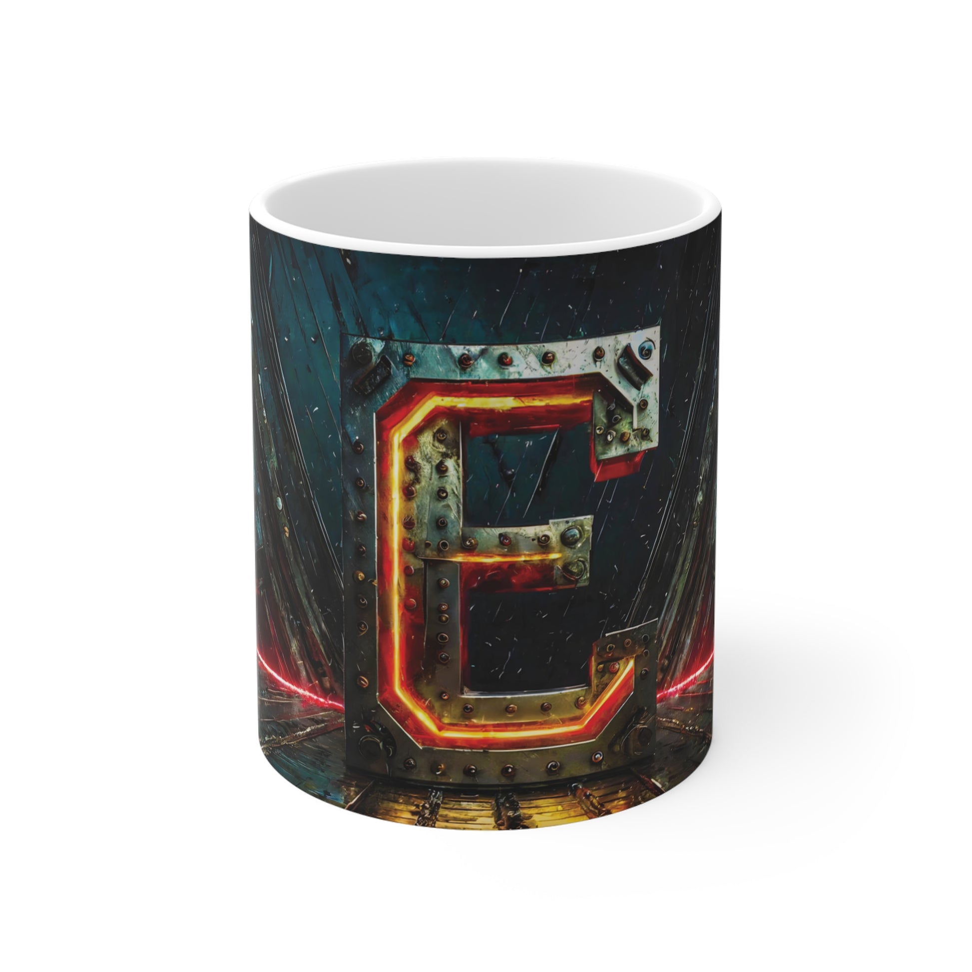 Cyberpunk Style Ceramic Mug with Printed Letter E-1