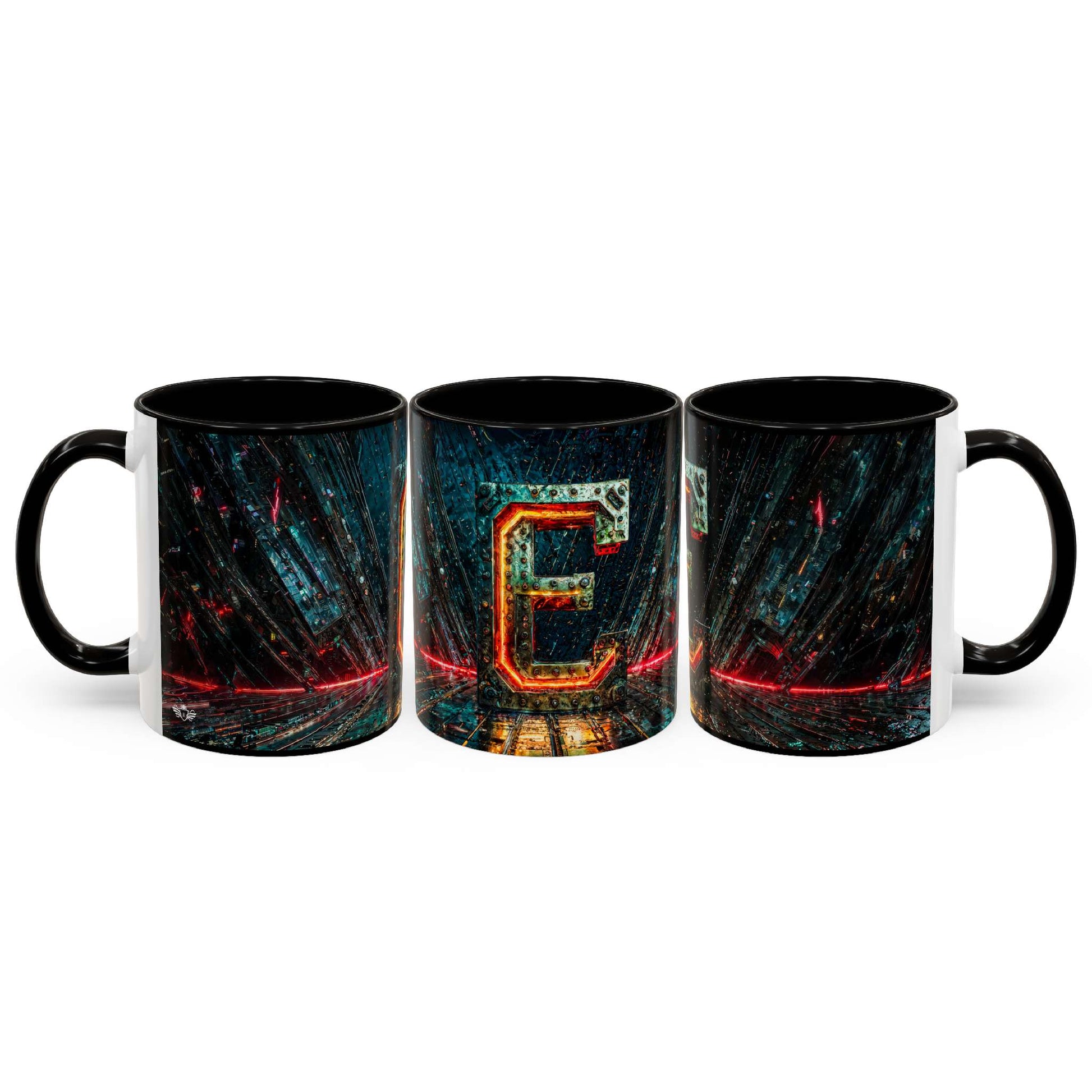 Three black mugs with a cyberpunk letter 'E' design on a white background