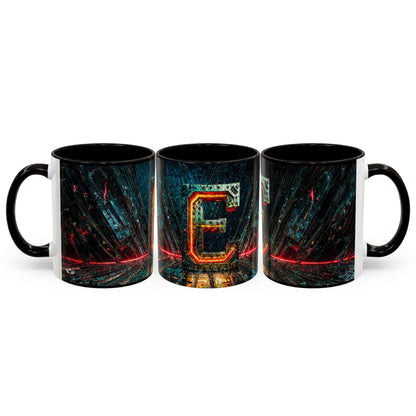 Three black mugs with a cyberpunk letter 'E' design on a white background