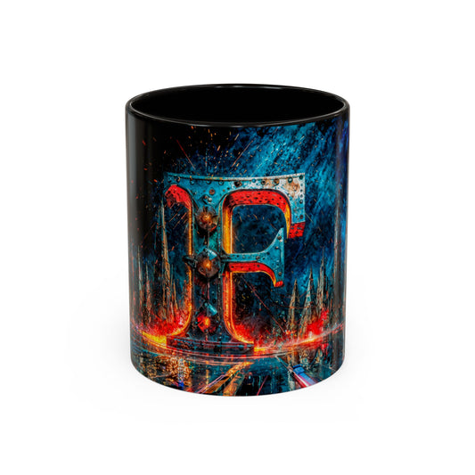 Mug with a cyberpunk letter 'F' design on a white background