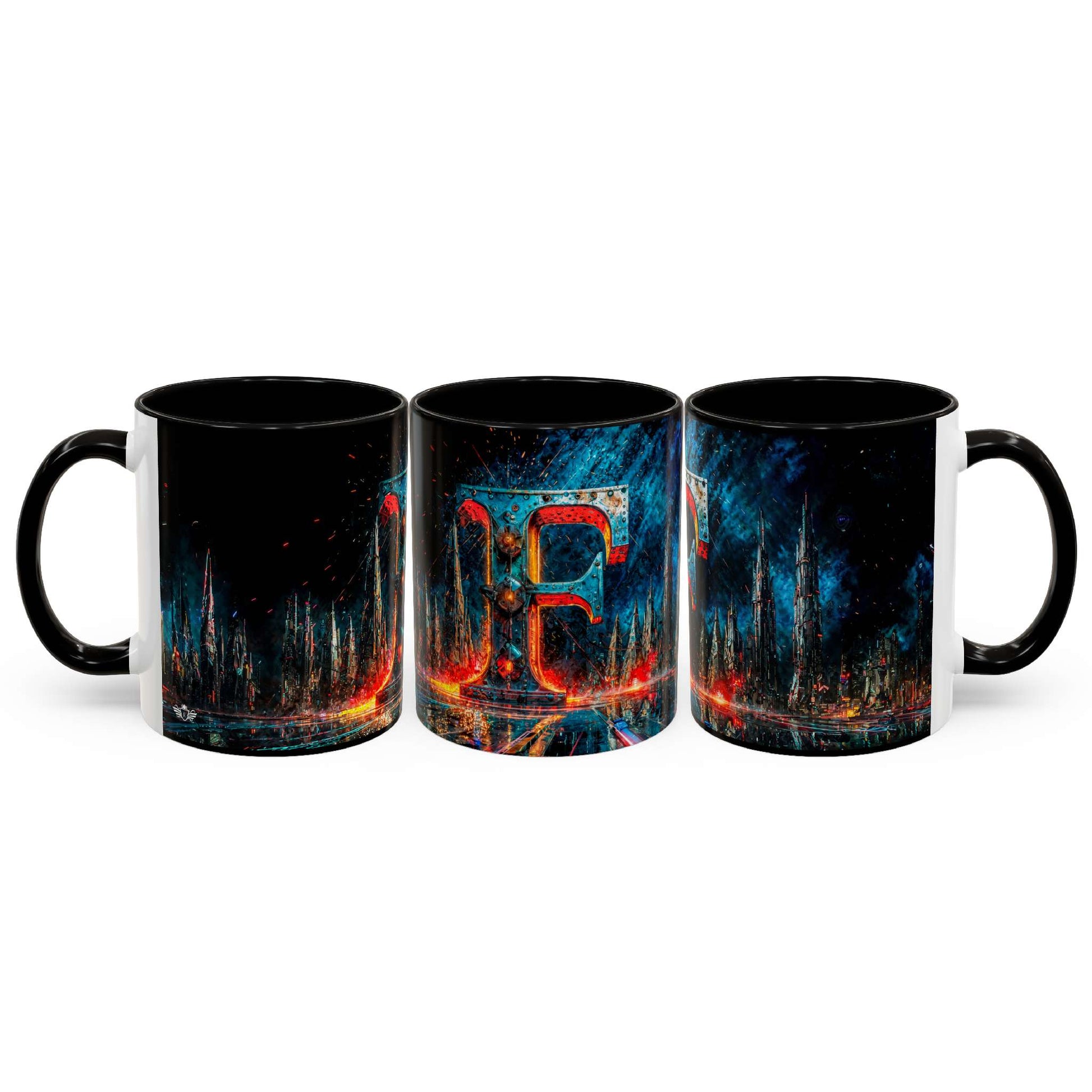 Three black mugs with a cyberpunk design on a white background