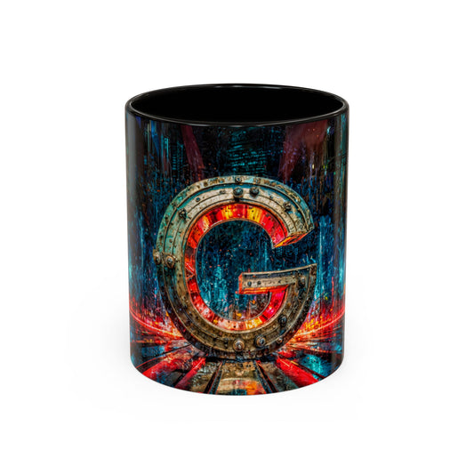 Mug with a cyberpunk letter 'G' design on a white background