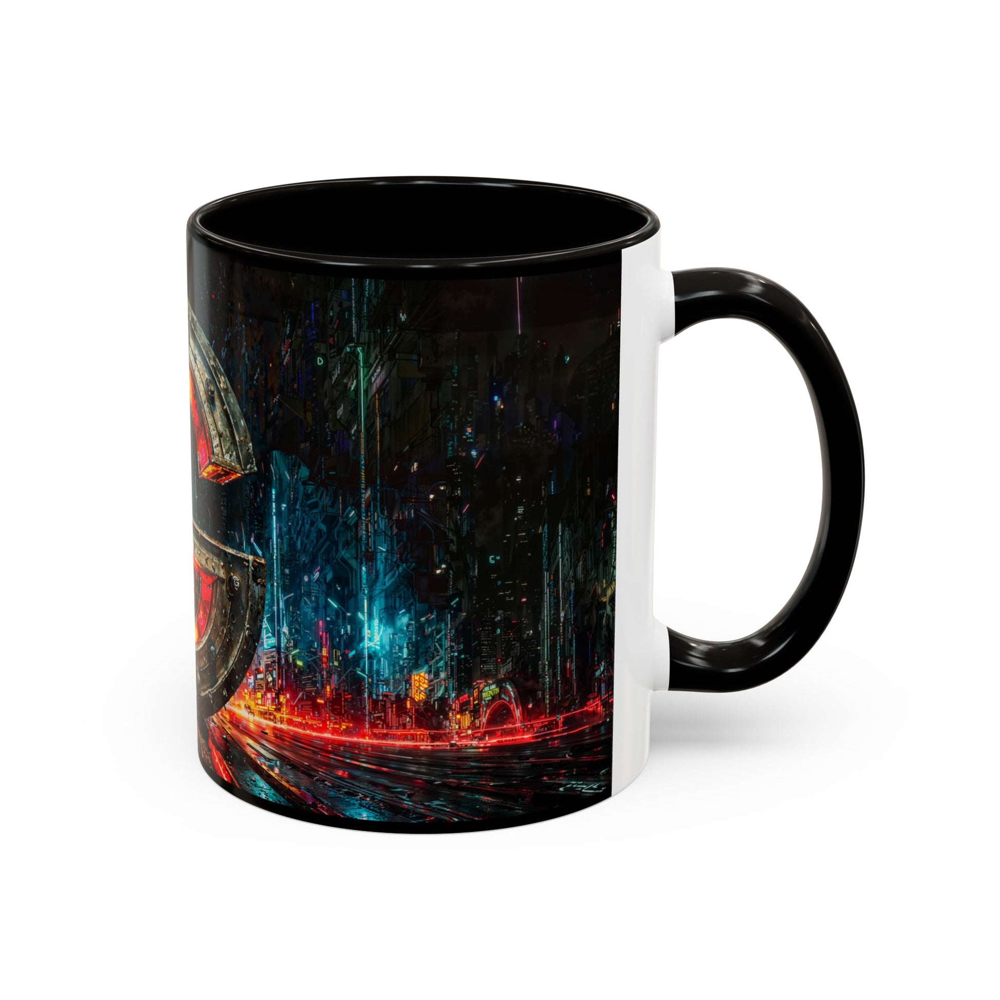 Black mug with a cyberpunk cityscape design on a white background